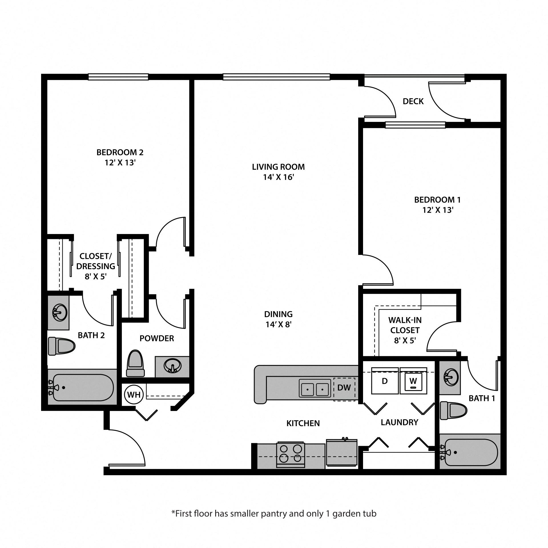 Floor plan for 2 beds, 2.5 baths, 1275 sqft